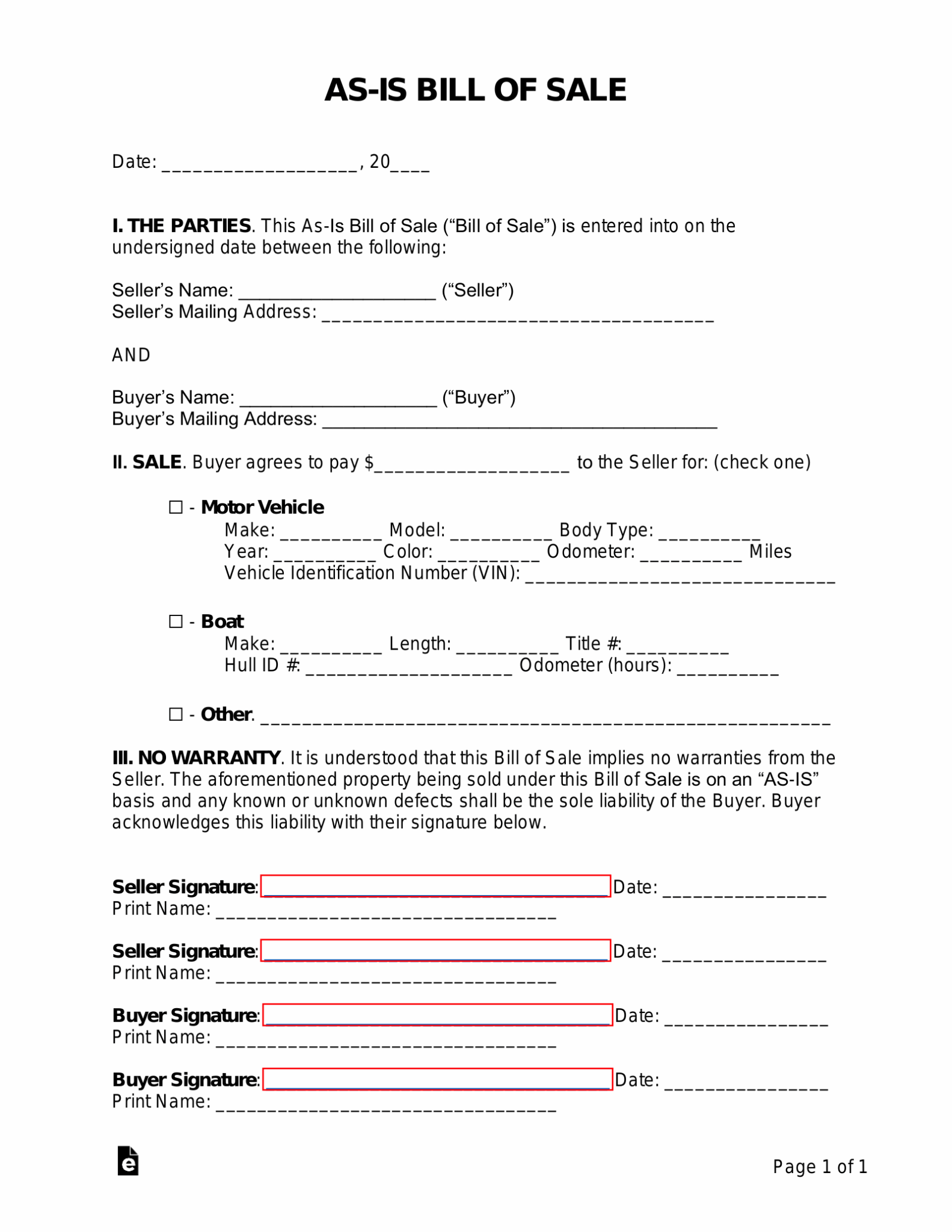 As Is Car Sale Agreement Template