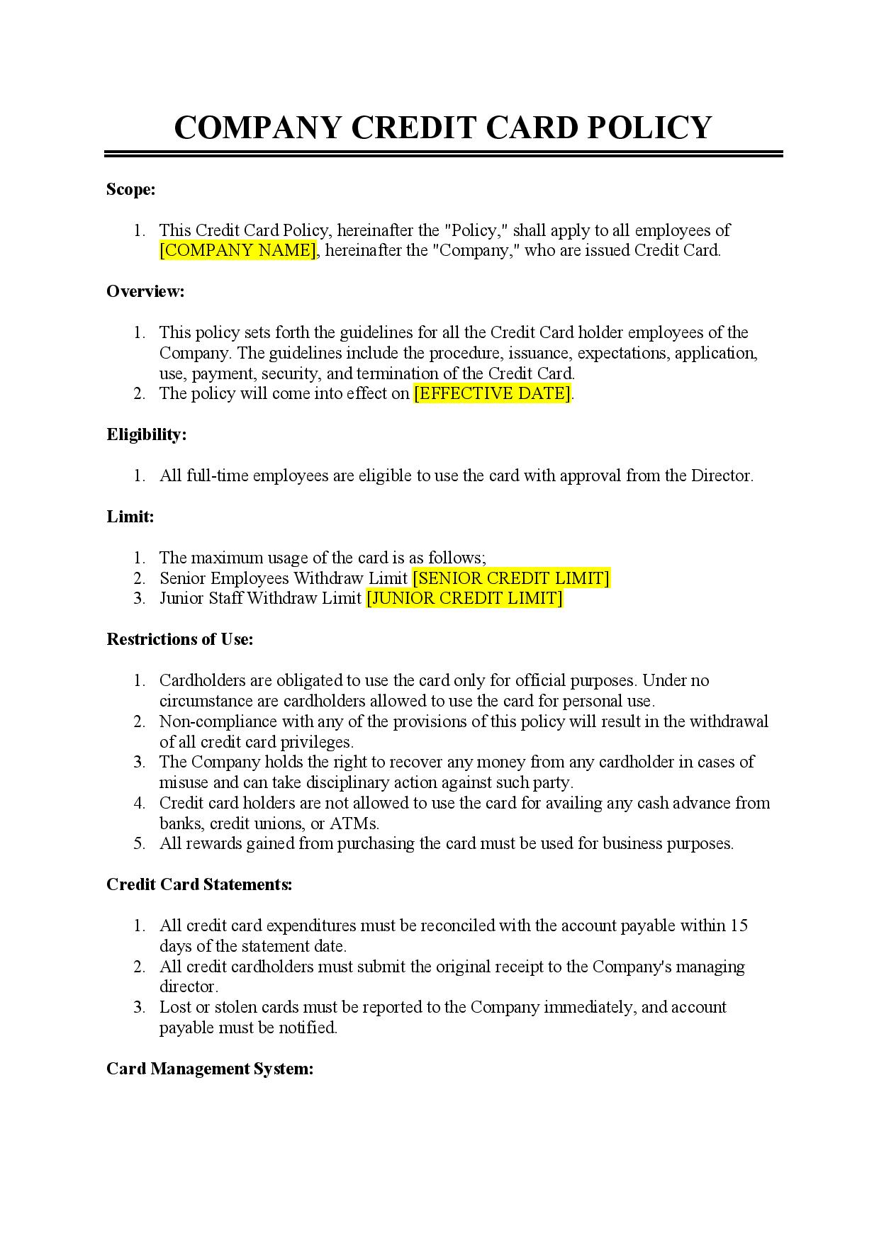 Company Credit Card Use Agreement Template