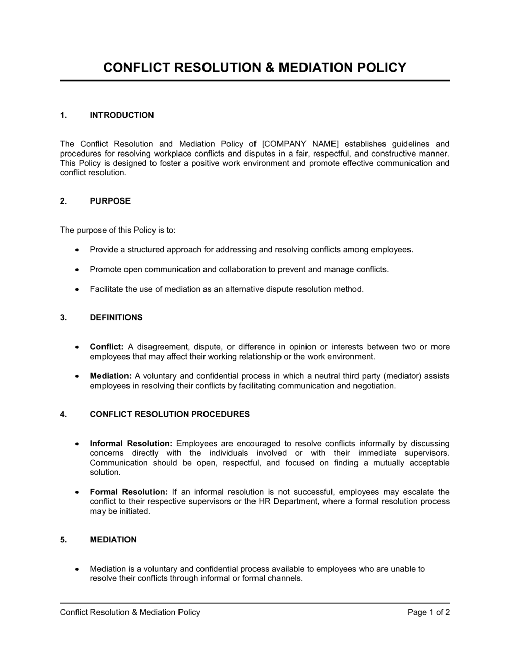 Conflict Resolution Mediation Agreement Template