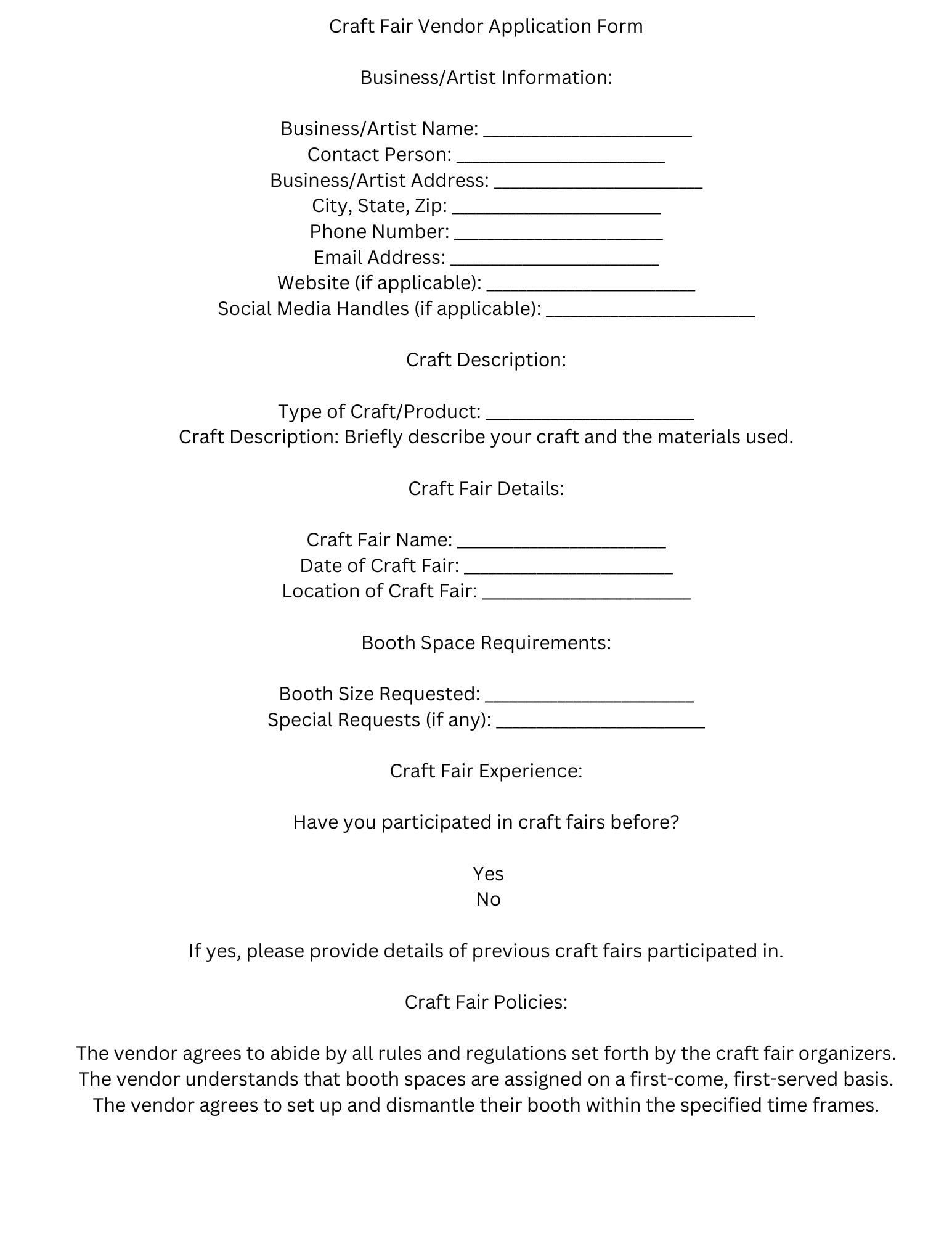 Craft Fair Vendor Agreement Template