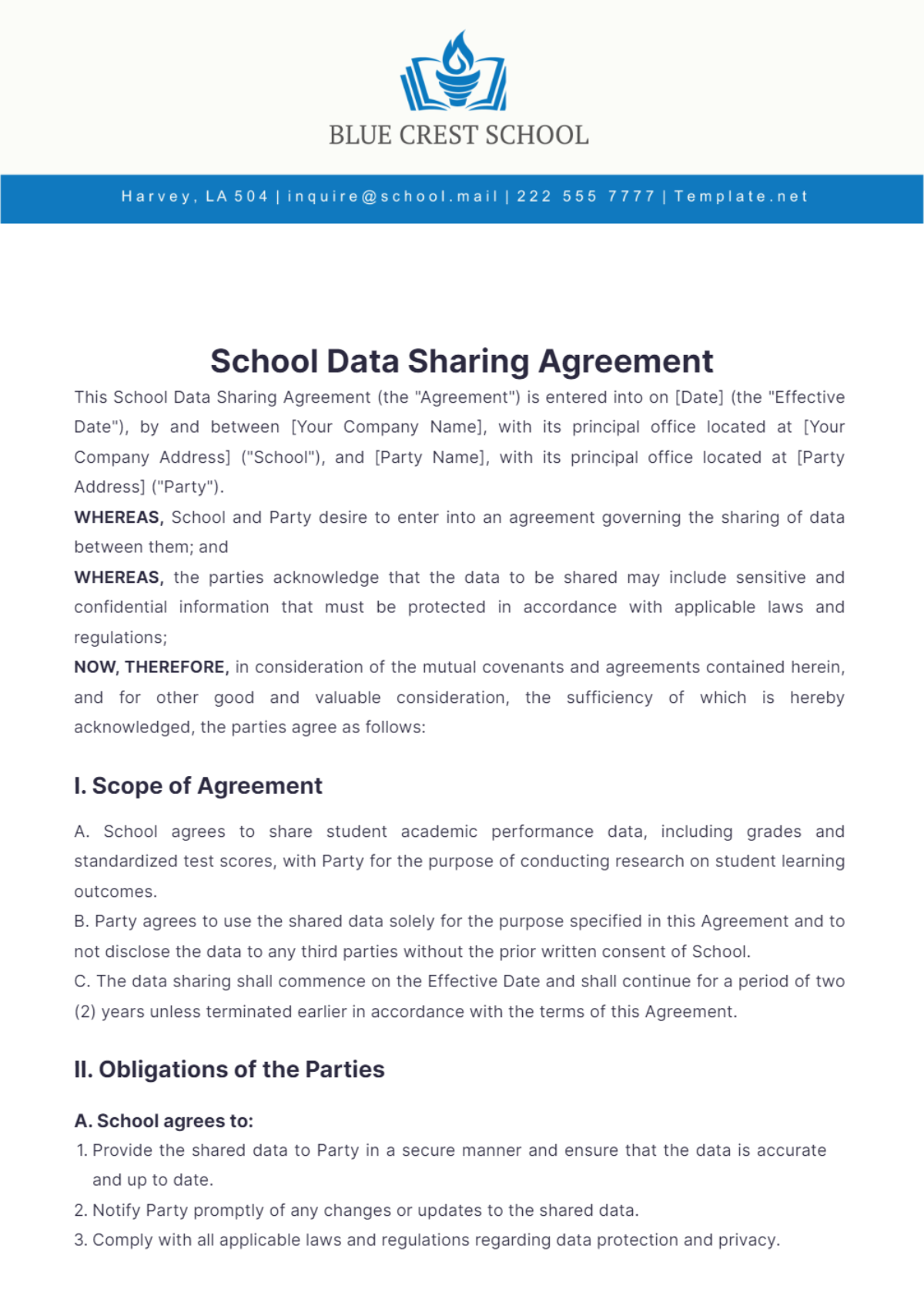 Data Sharing Agreement Template Education