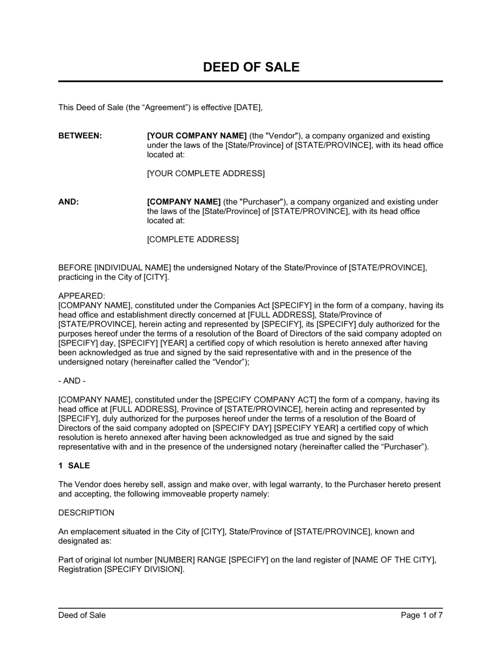 Deed of Sale Agreement Template