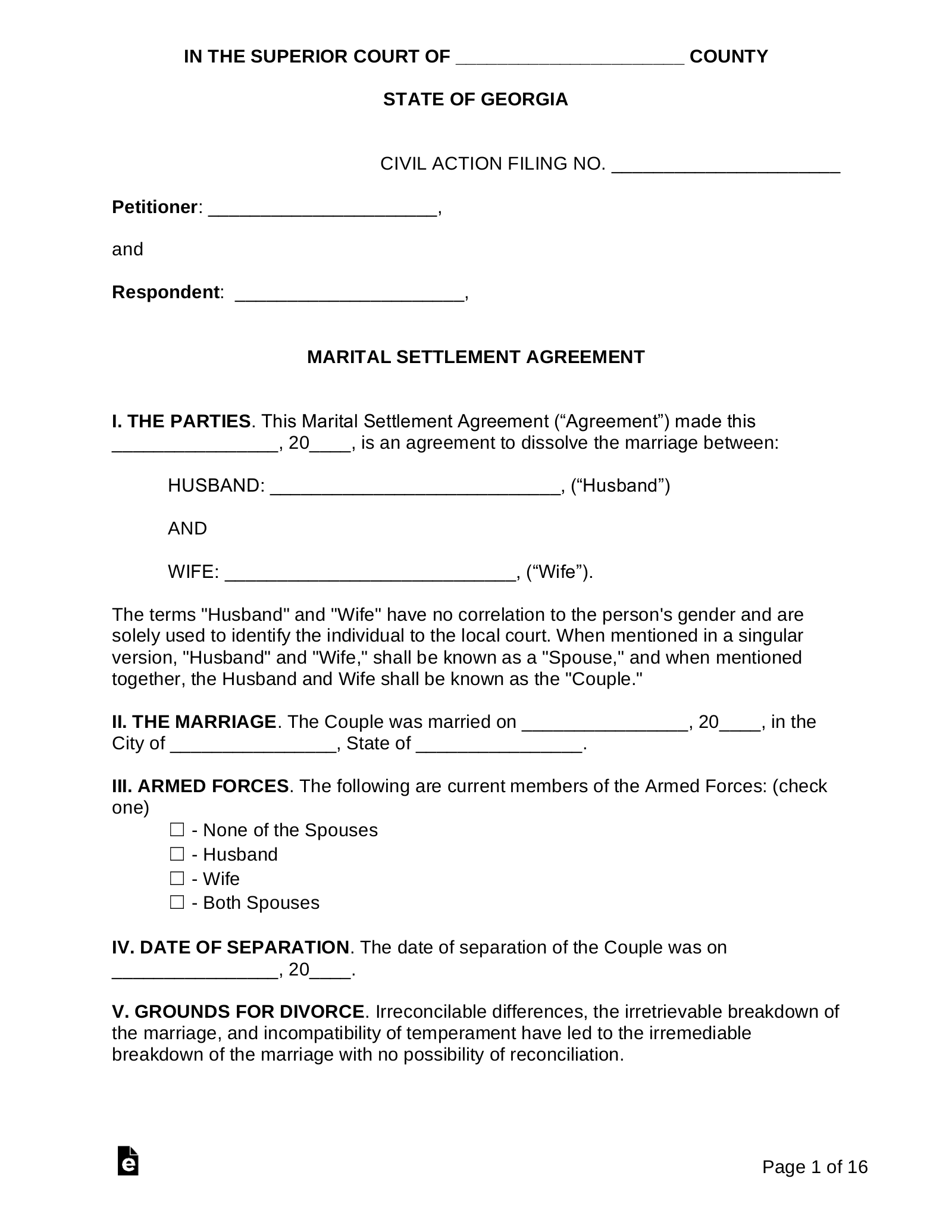 Divorce Settlement Agreement Template Georgia