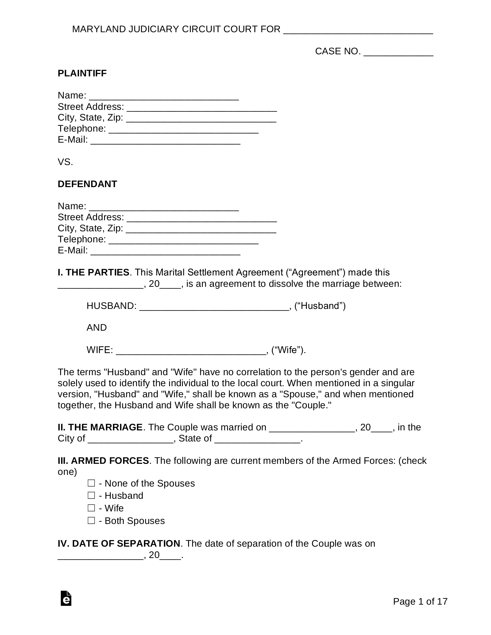 Divorce Settlement Agreement Template Maryland