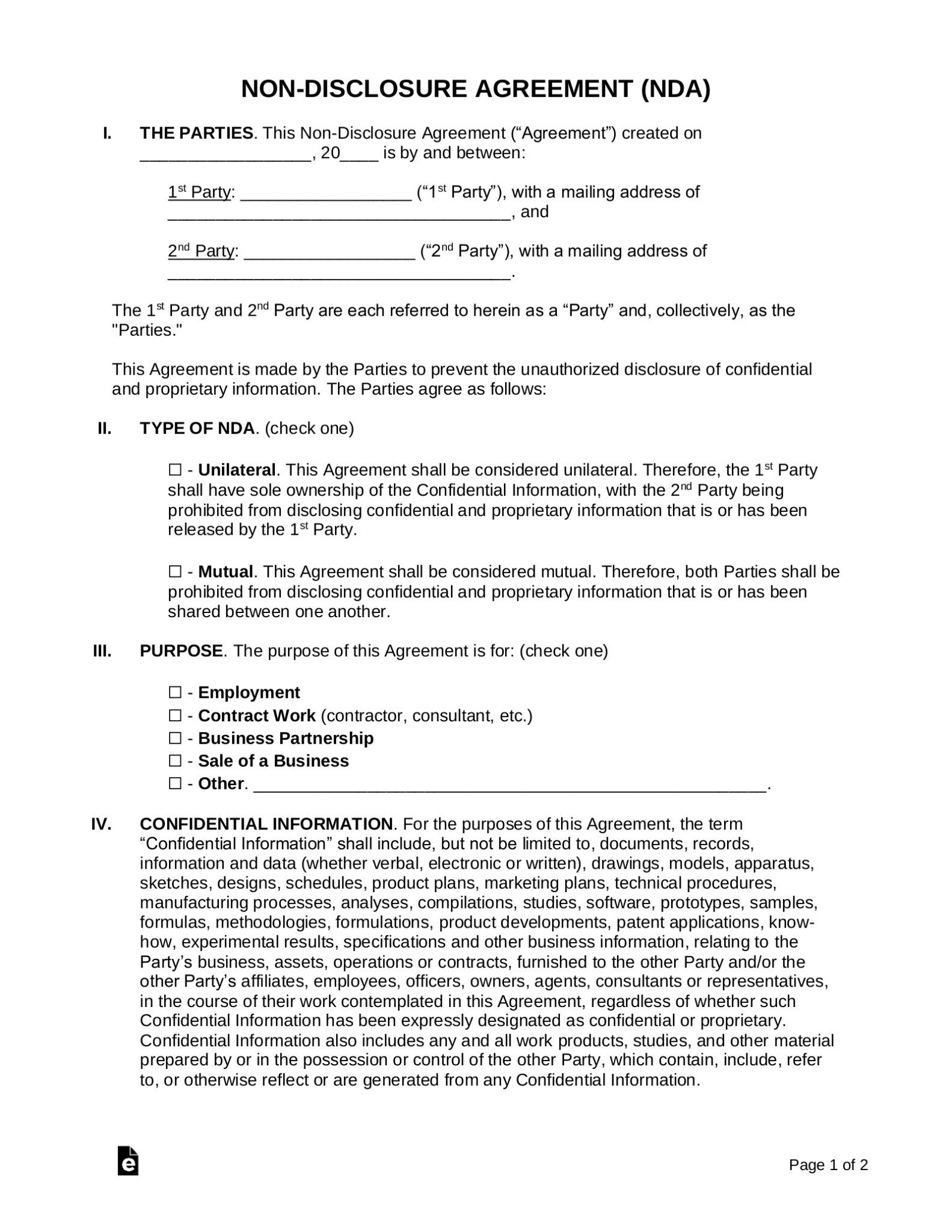 Editable Non Disclosure Agreement Template