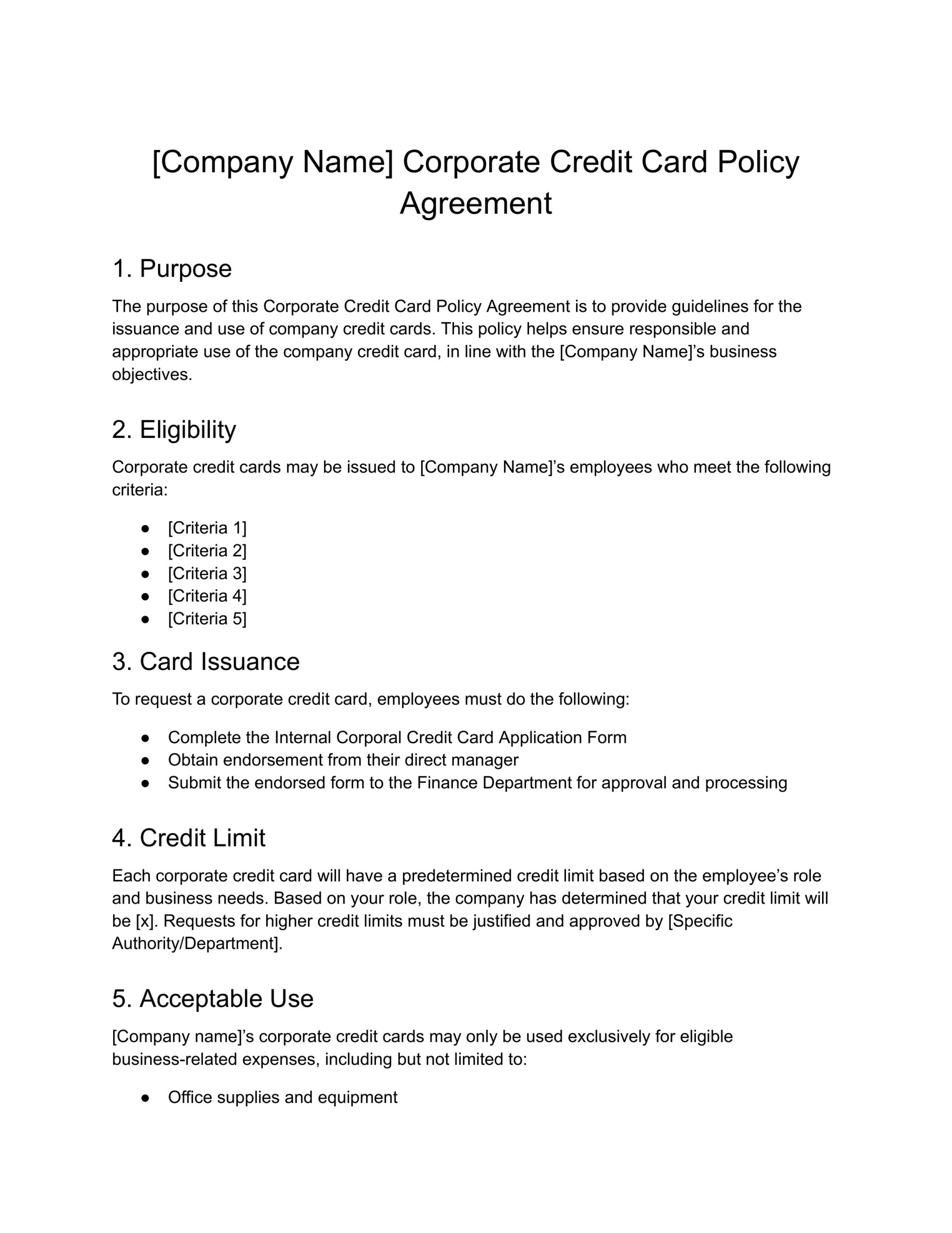 Employee Corporate Credit Card Agreement Template