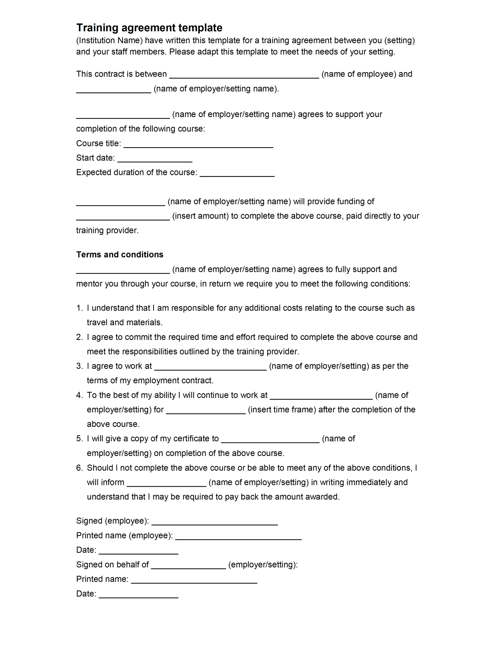 Employee Training Training Agreement Template