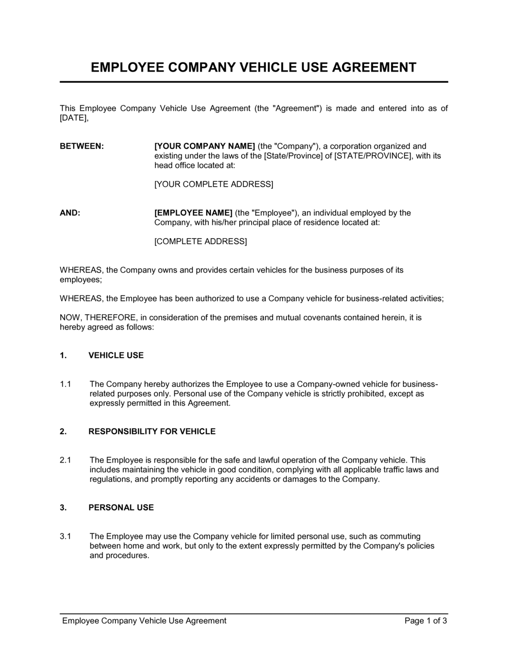 Employee Use of Company Vehicle Agreement Template