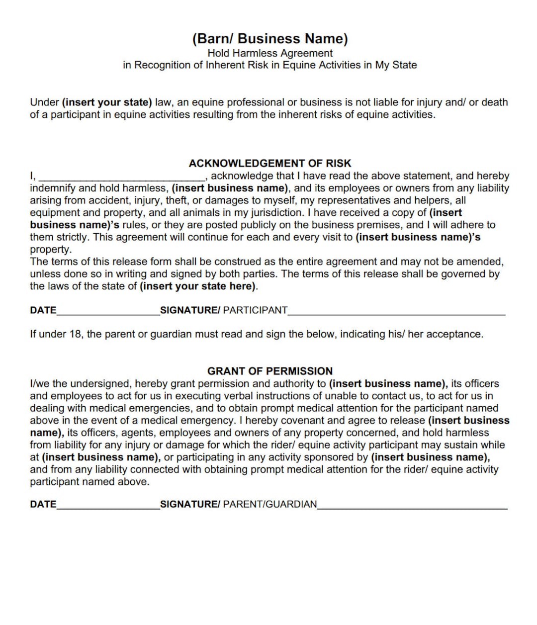 Equine Hold Harmless Agreement Template