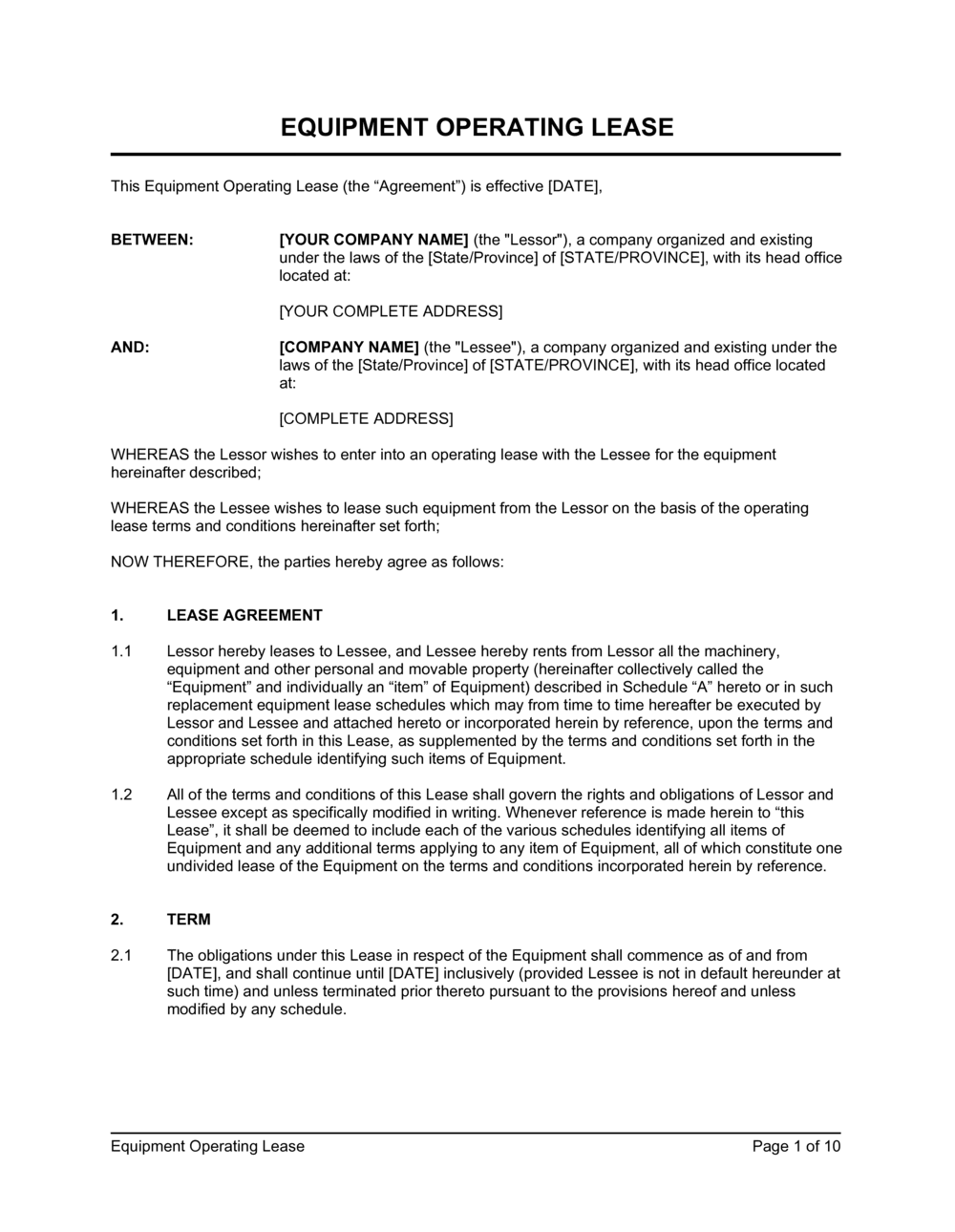 equipment operating lease agreement template