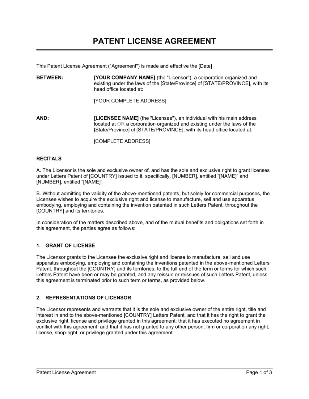 Exclusive Patent License Agreement Template