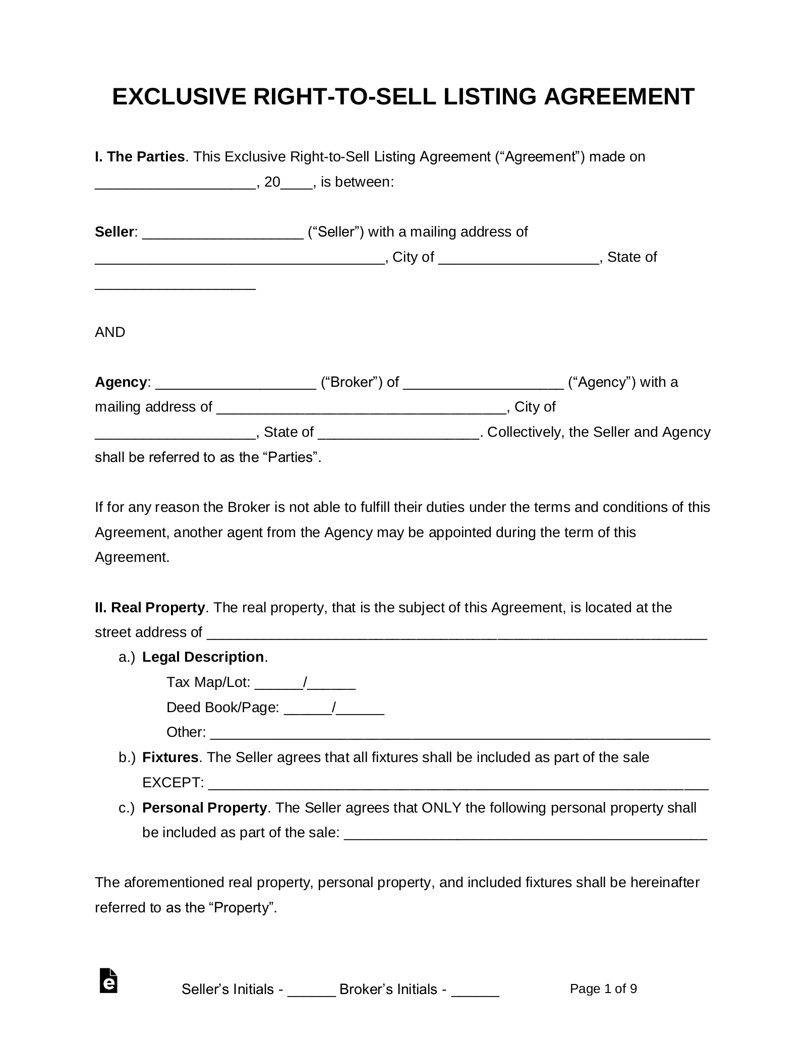 Exclusive Right to Sell Agreement Template