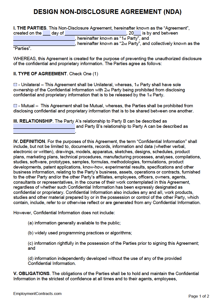 Fashion Design Non Disclosure Agreement Template