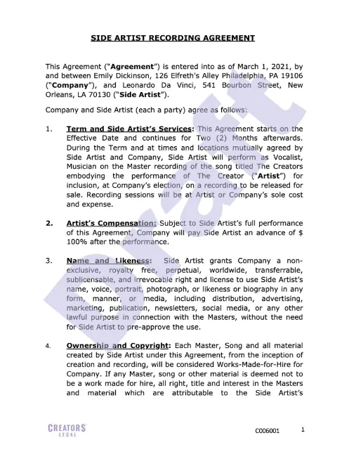 Featured Or Side Artist Agreement Template