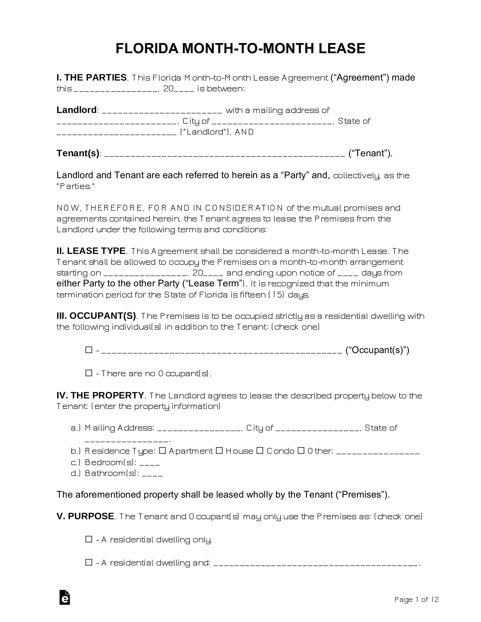 Florida Month To Month Lease Agreement Template