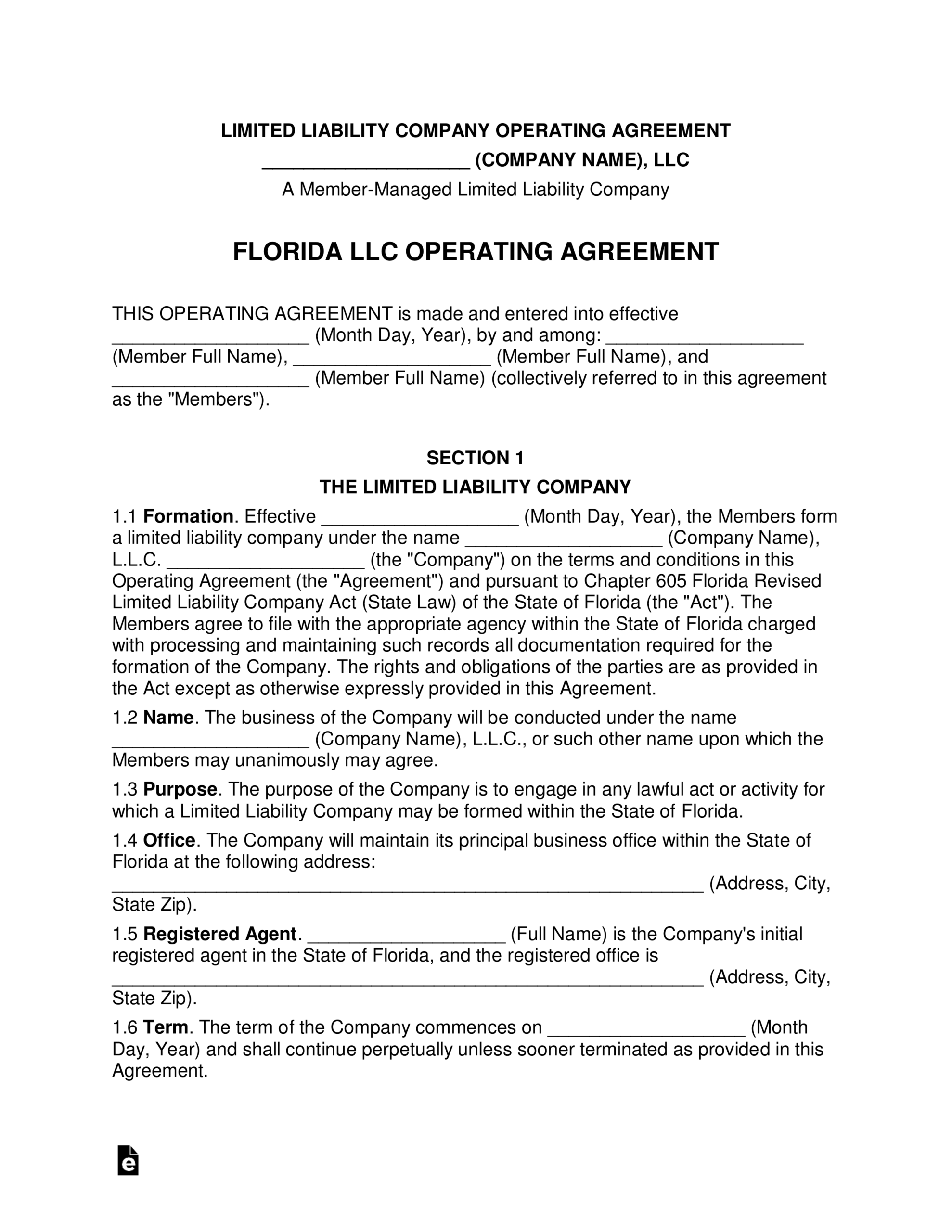 Florida Multi Member LLC Operating Agreement Template