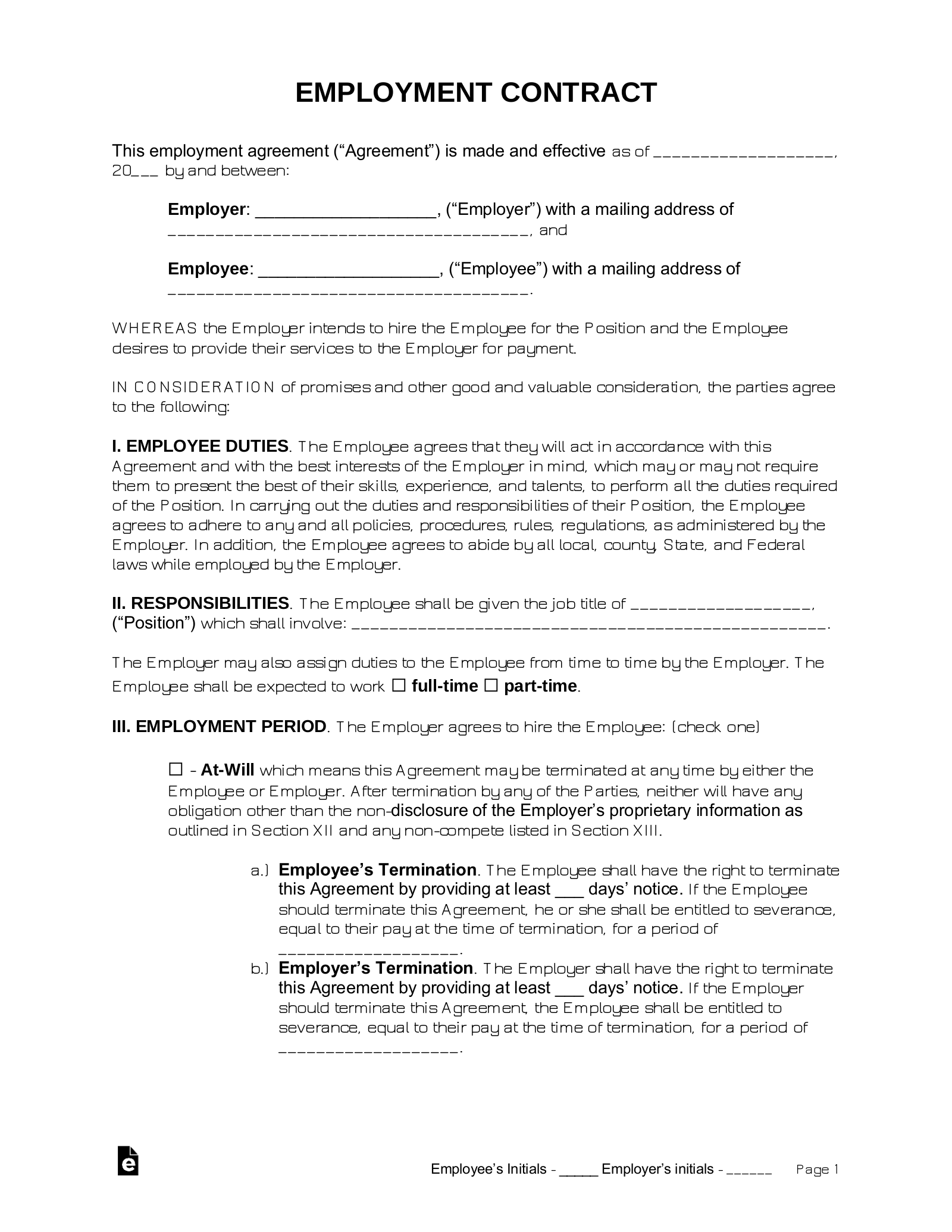 Full Time Employment Agreement Template