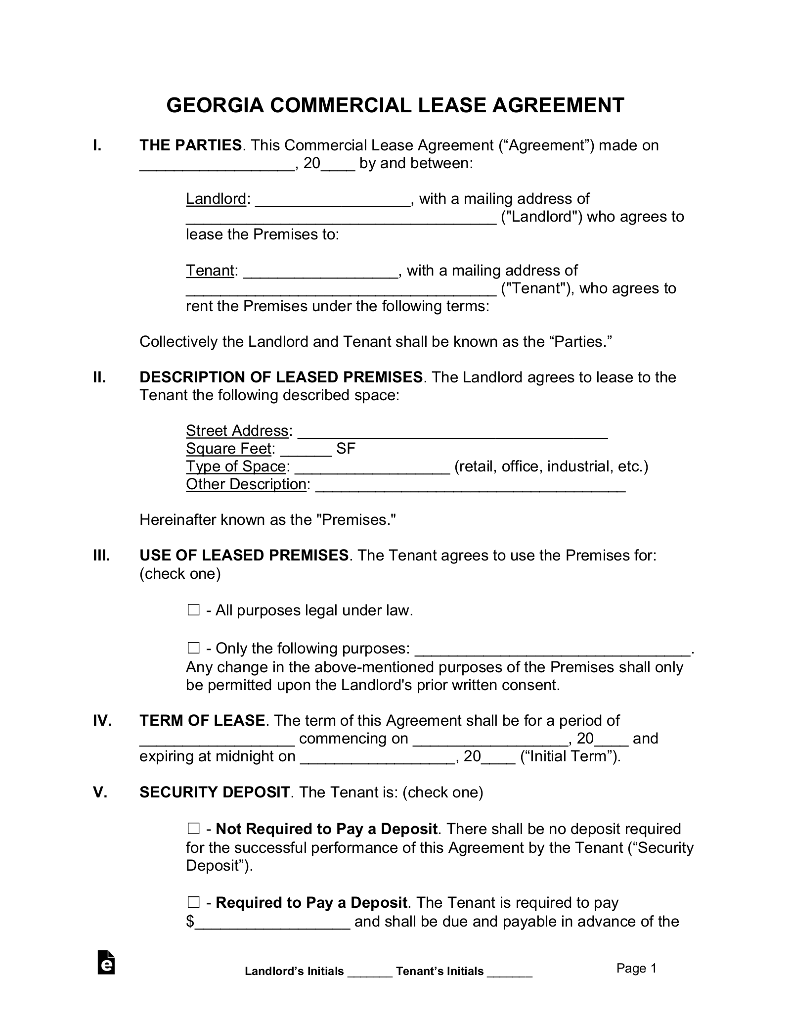 Georgia Commercial Lease Agreement Template