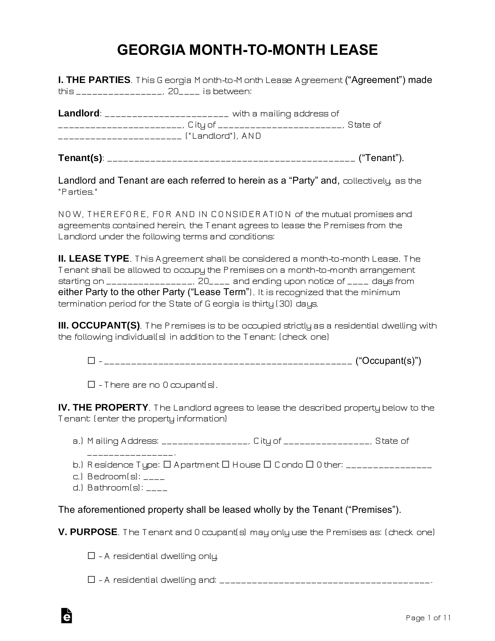 Georgia Month To Month Lease Agreement Template