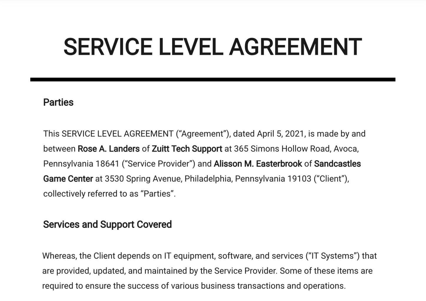 Help Desk Service Level Agreement Template