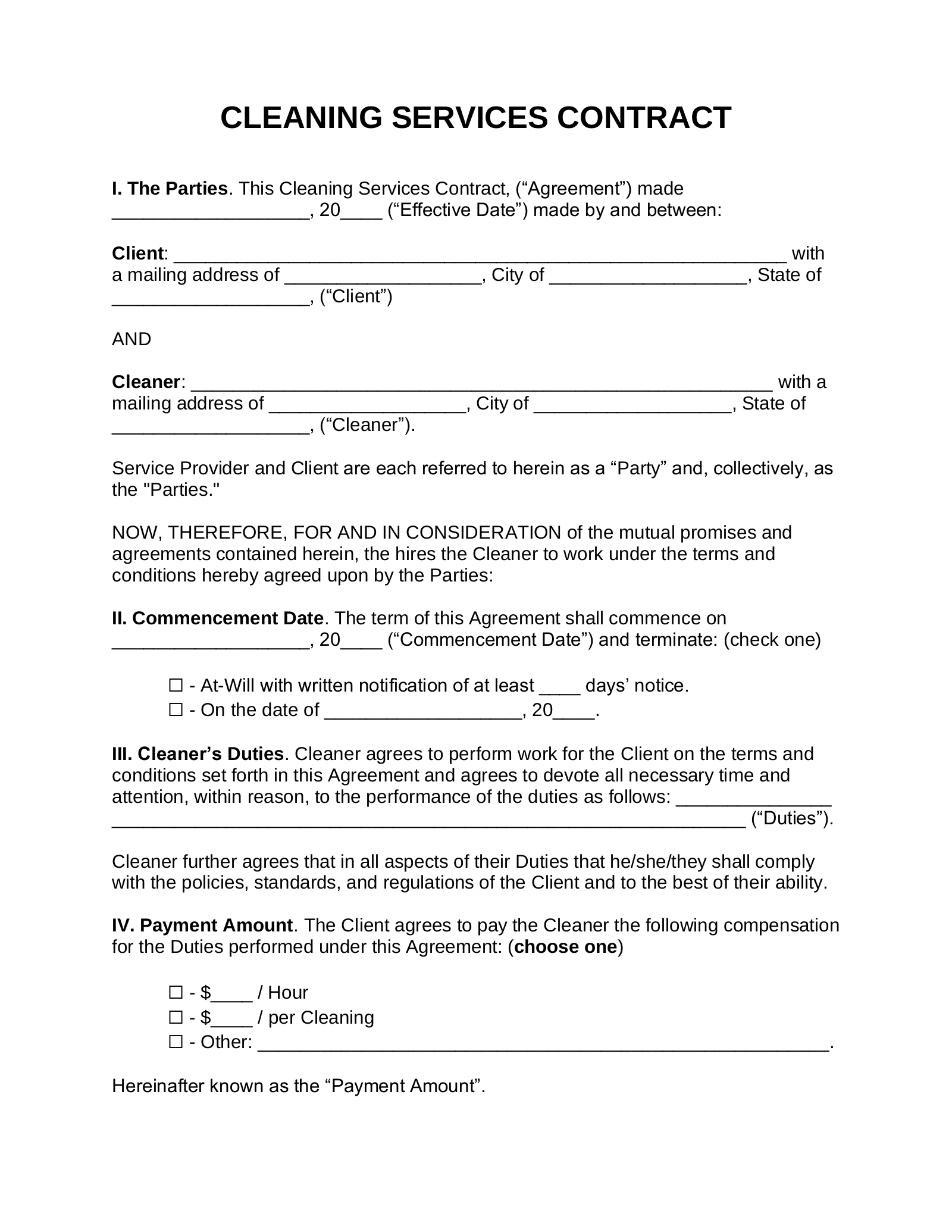 House Cleaning Service Agreement Template