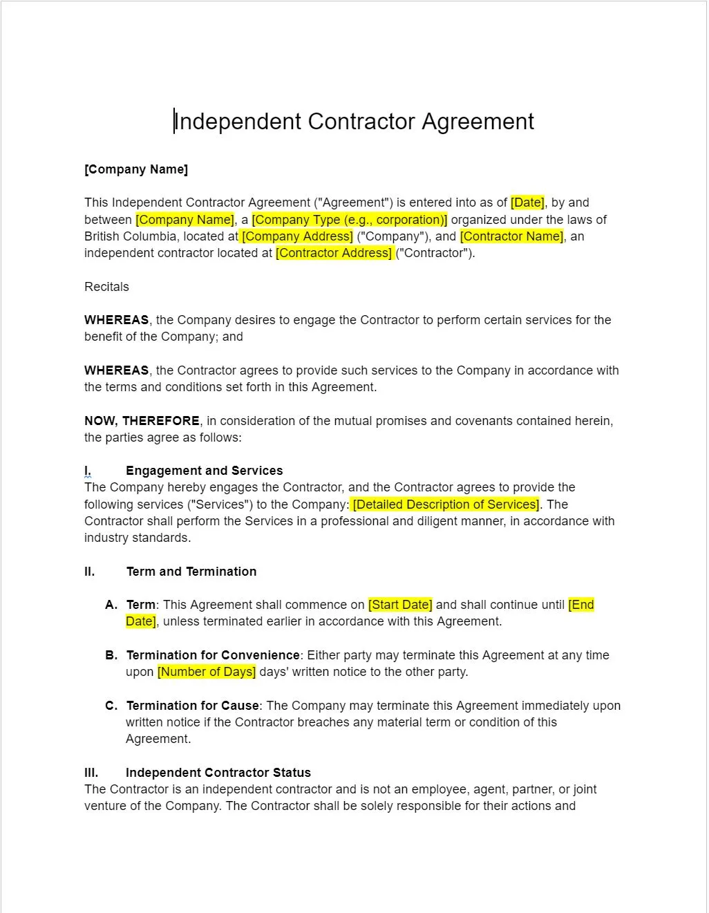 Independent Contractor Agreement Template Canada