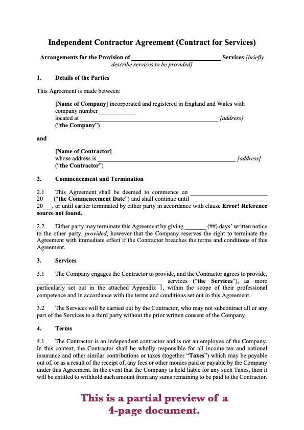 Independent Contractor Agreement Template Uk