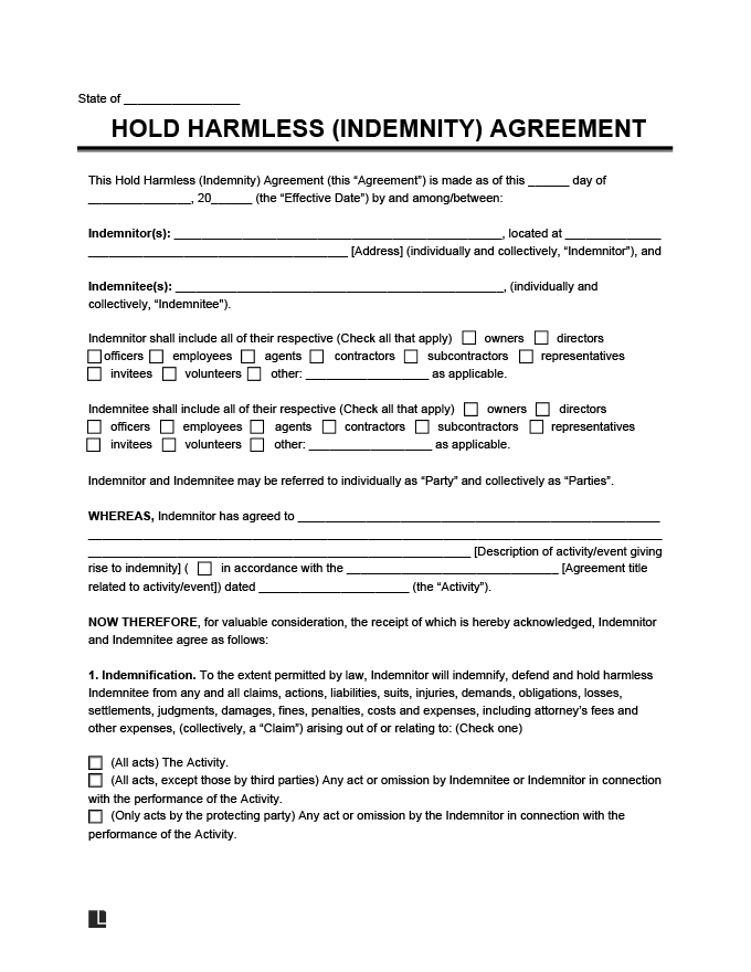 Insurance Hold Harmless Agreement Template