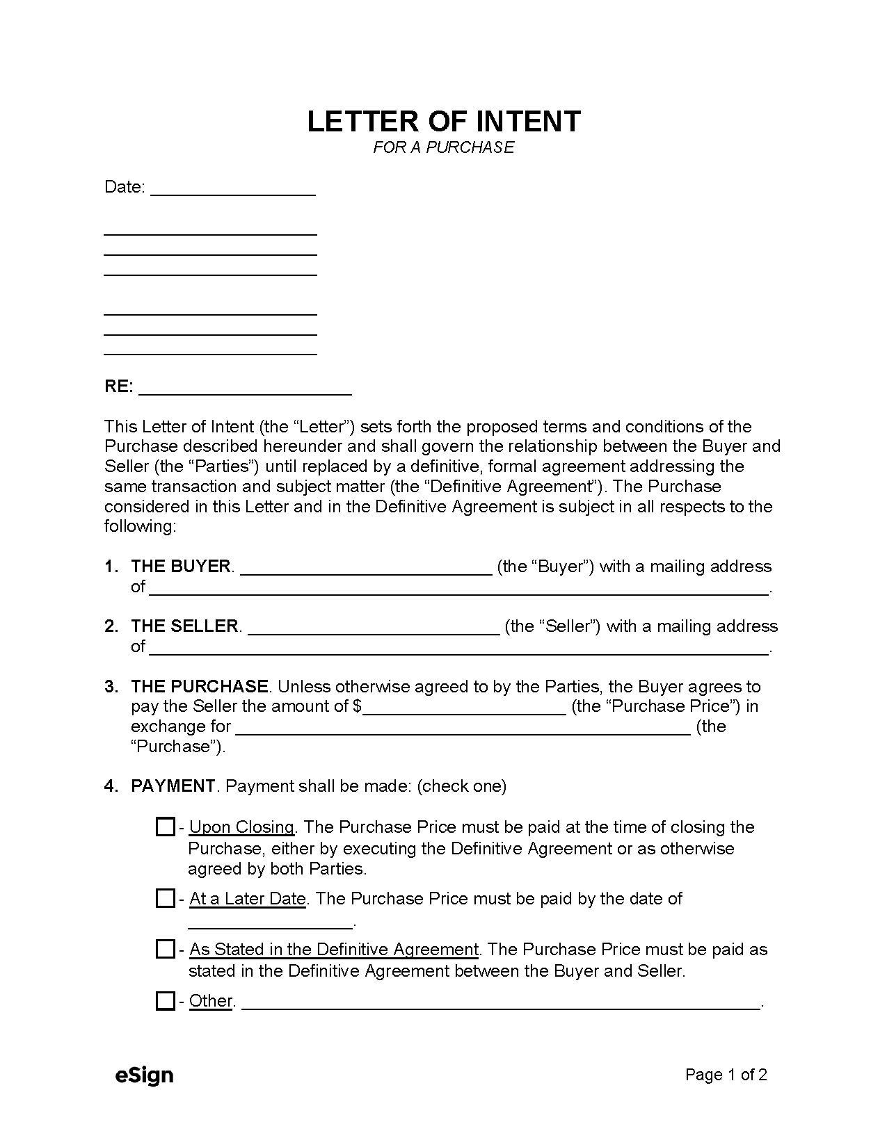 Intent To Purchase Agreement Template