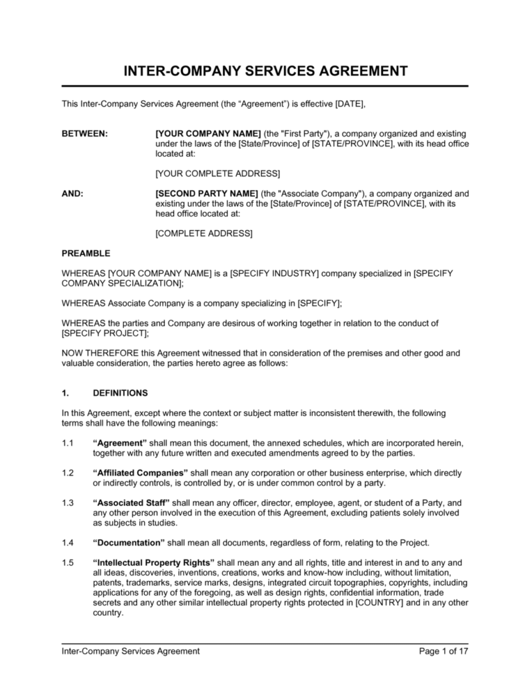 Interco Example Intercompany Service Level Agreement Template