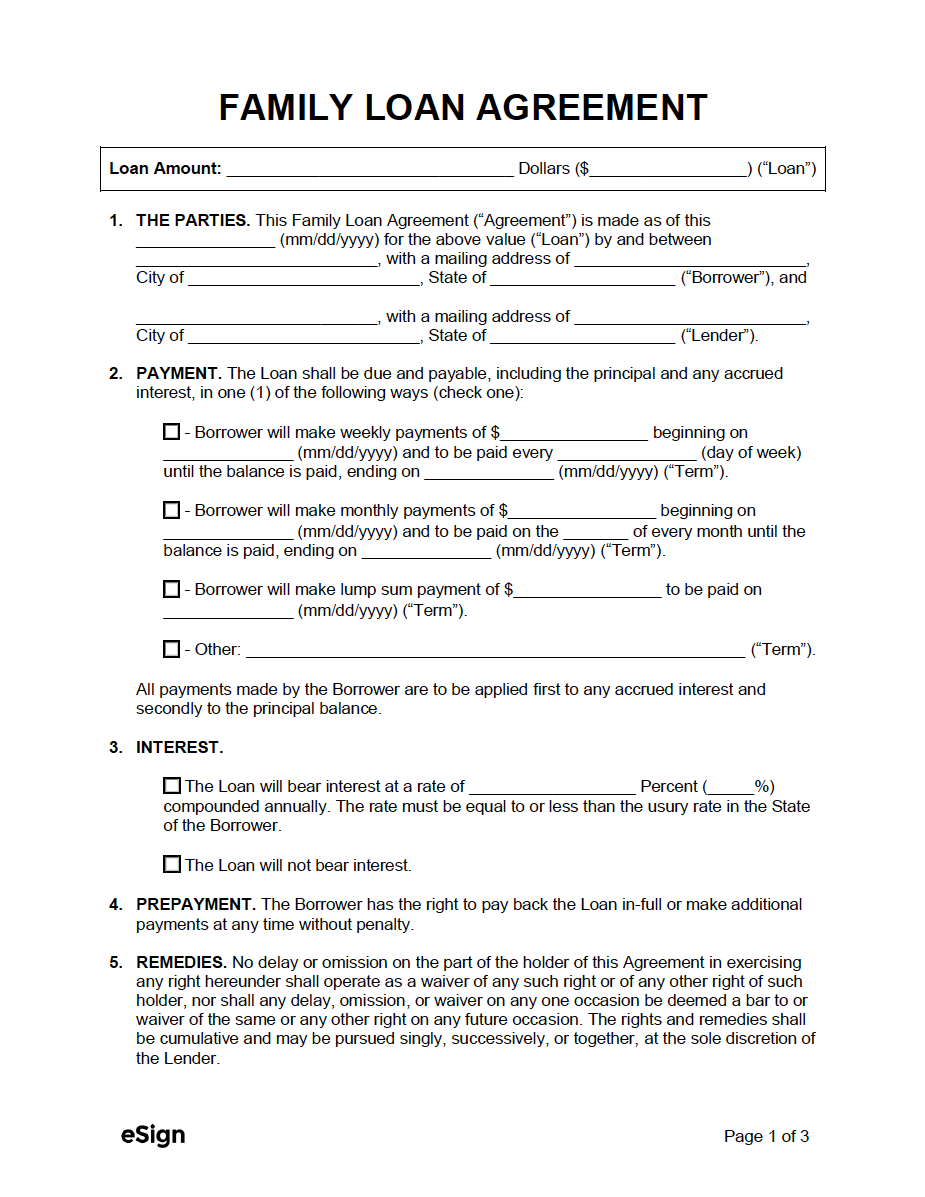 Intra Family Loan Agreement Template