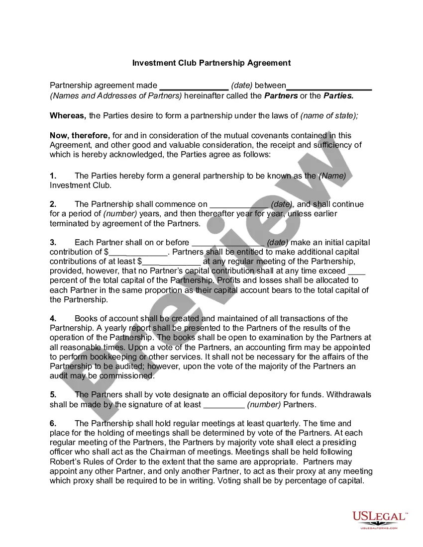 Investment Club Partnership Agreement Template