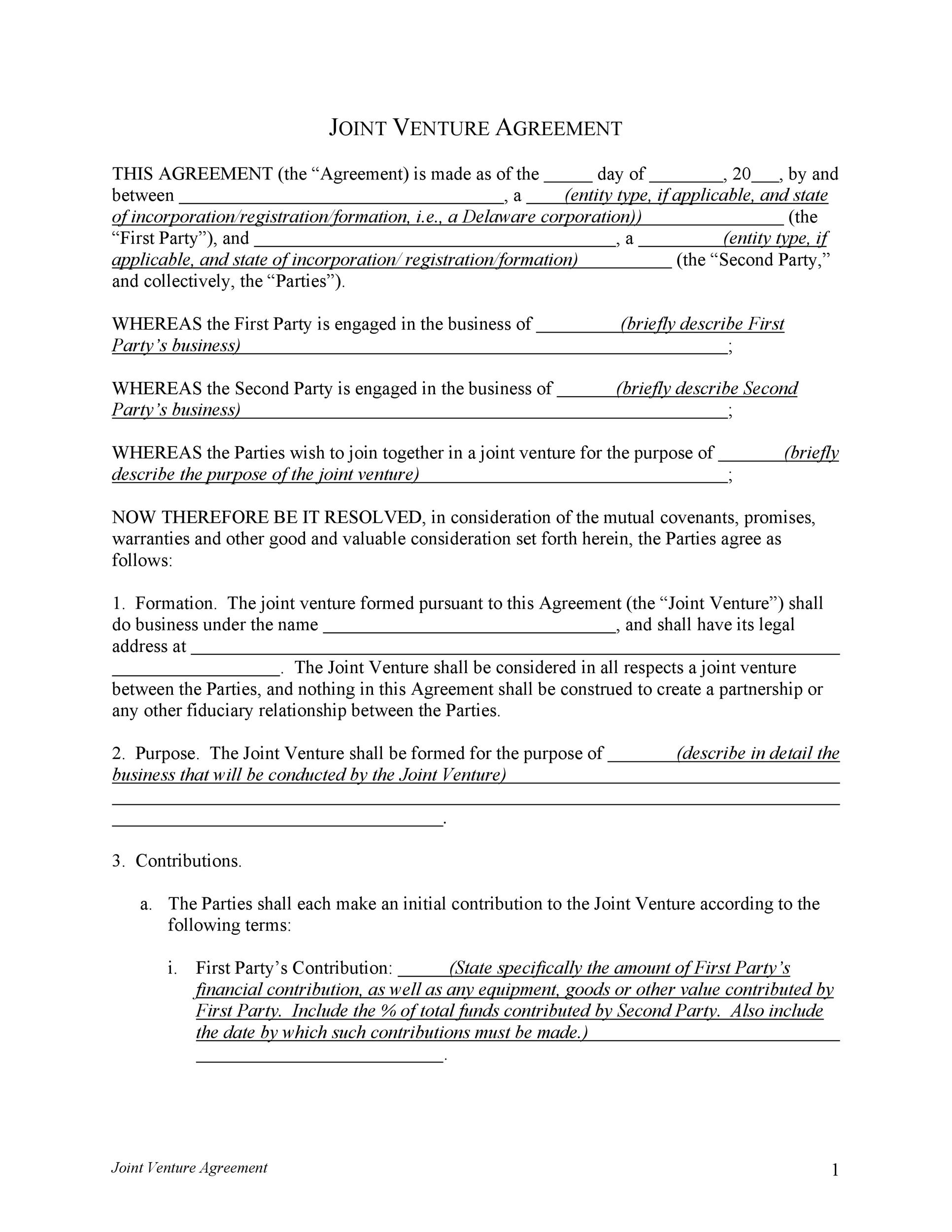 Joint Venture Agreement Template Canada