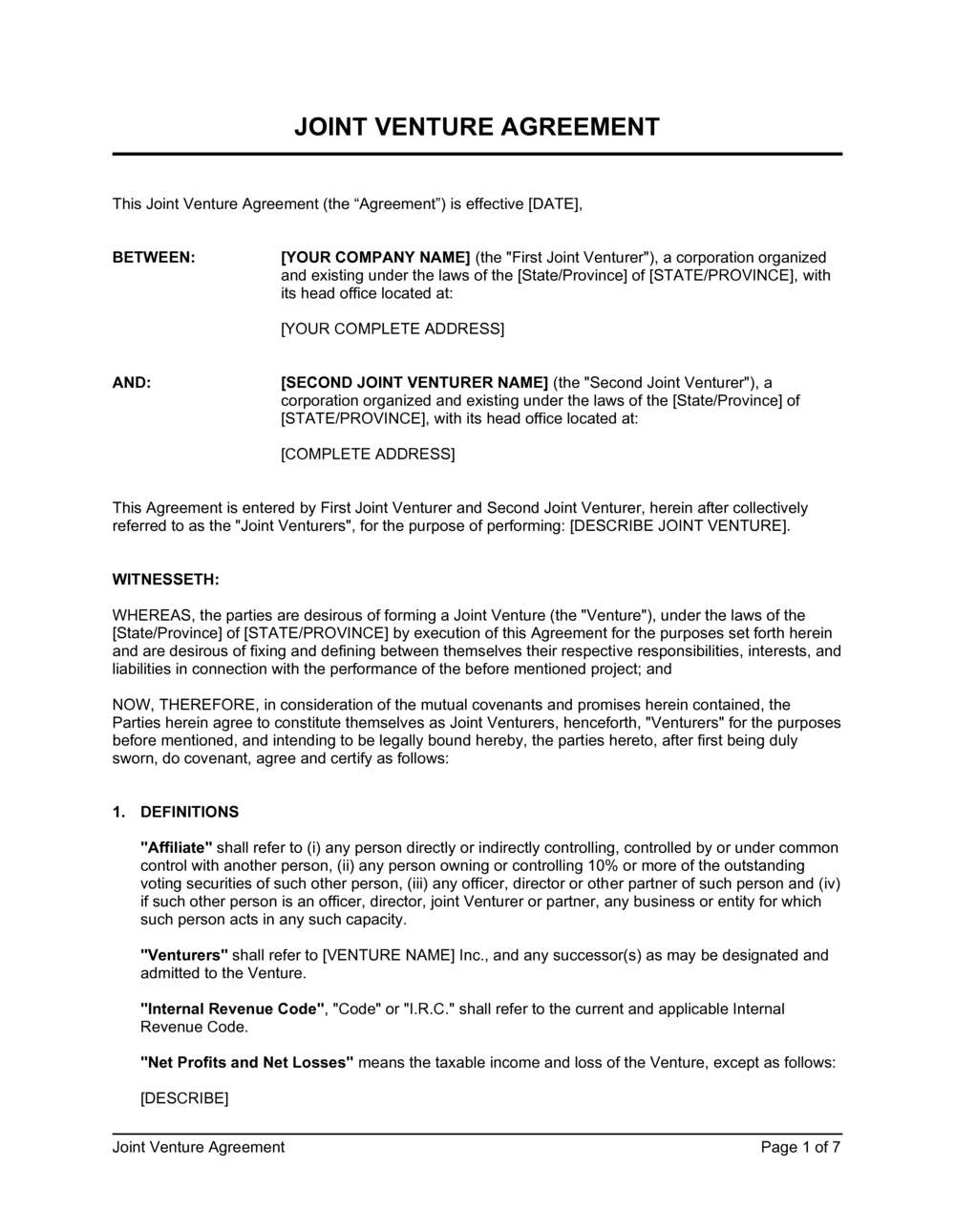 Joint Venture Agreement Template UK