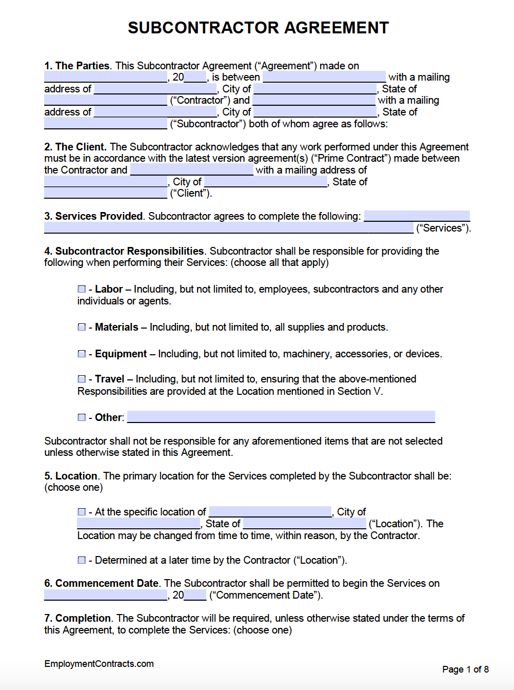 Labour Only Subcontractor Agreement Template