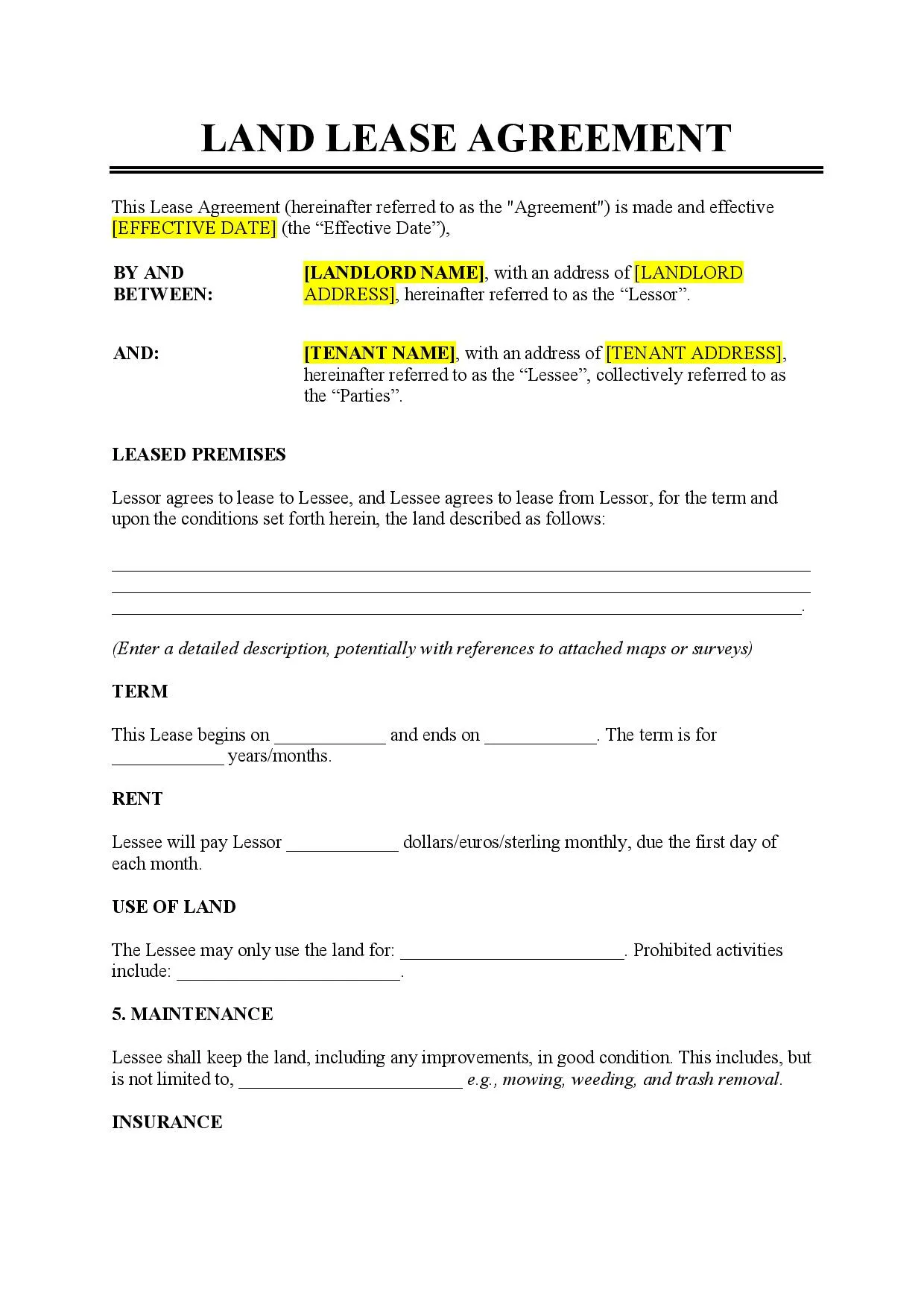 Land Lease Agreement Template Nz