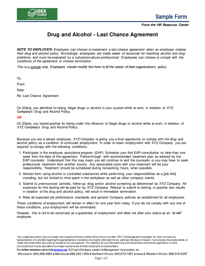 Last Chance Agreement Template Alcohol