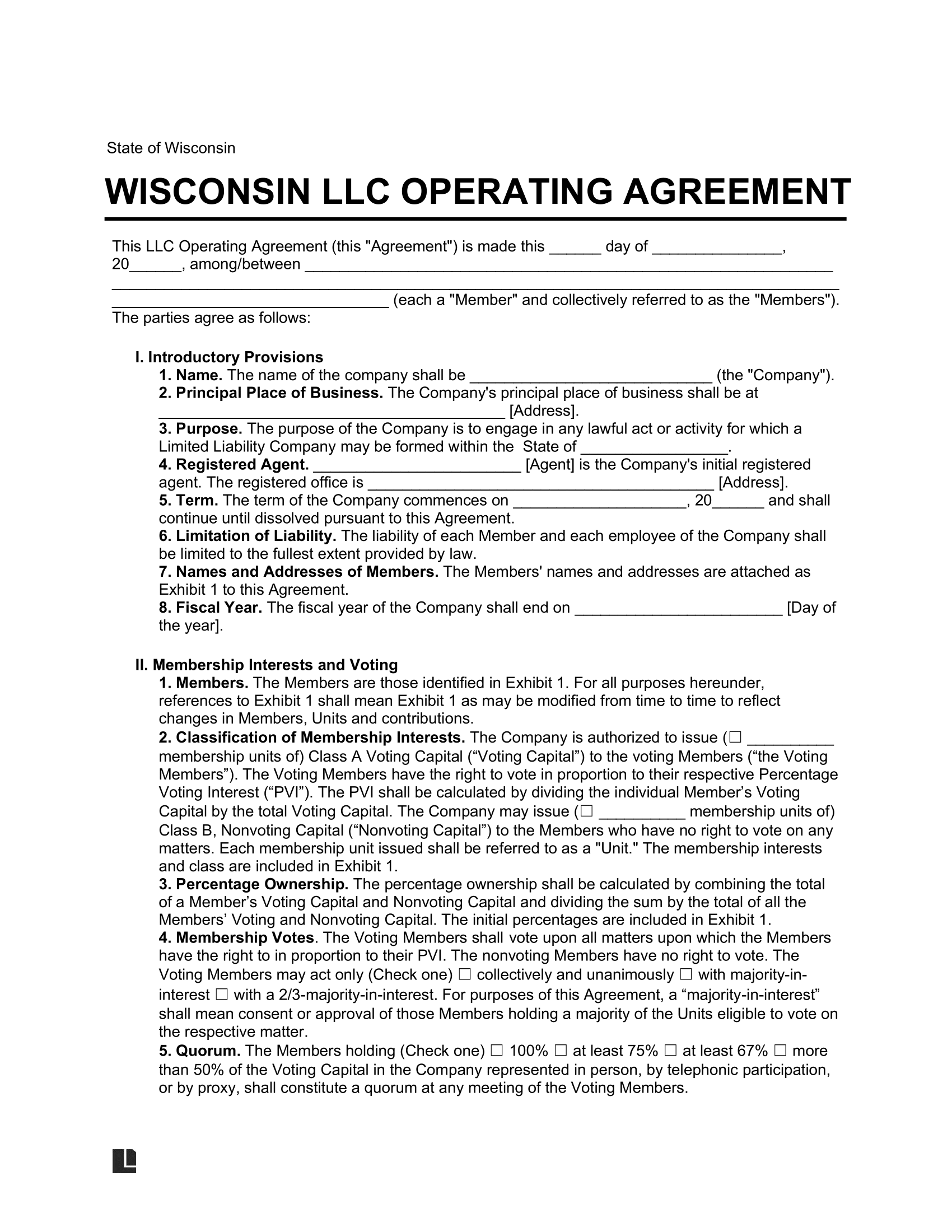 Llc Operating Agreement Template Wisconsin