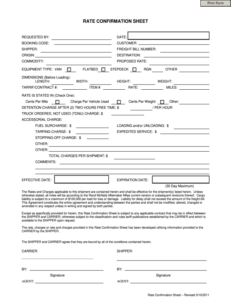 Load Confirmation and Rate Agreement Template