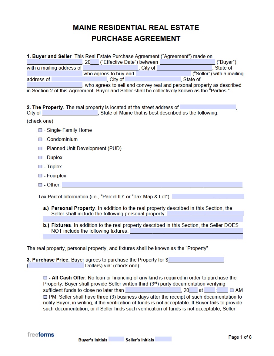 Maine Purchase and Sale Agreement Template