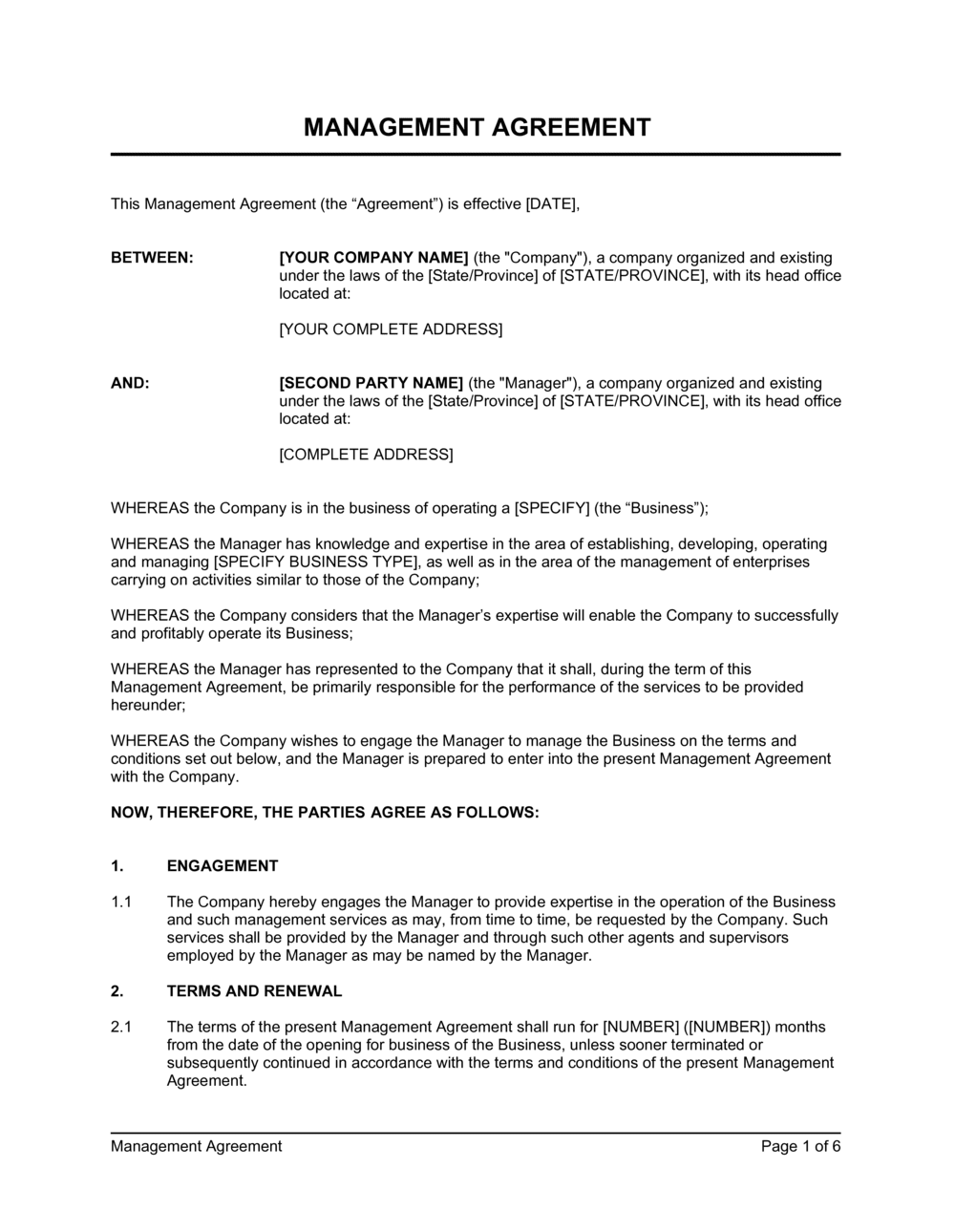 Management and Operations Agreement Template