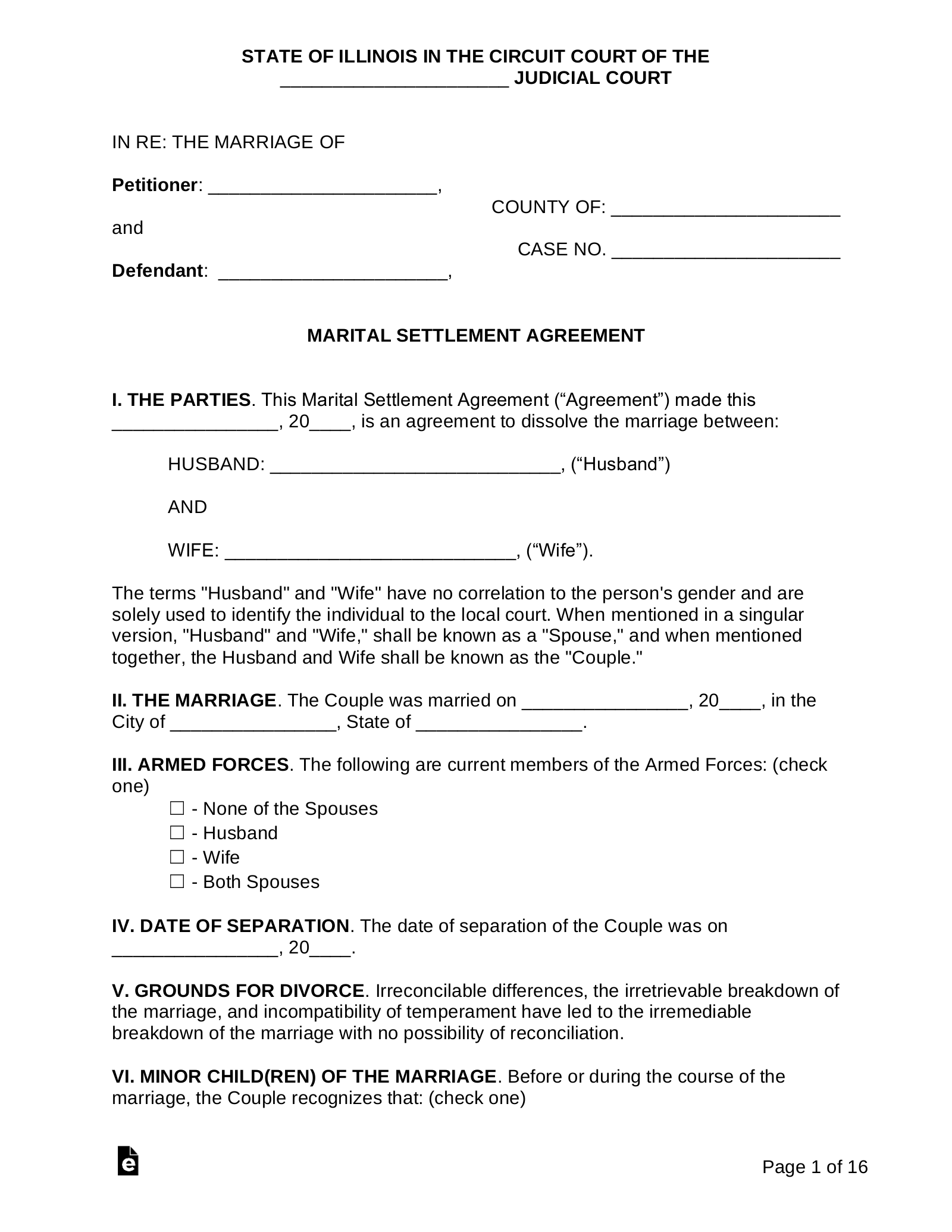 Marital Settlement Agreement Template Illinois