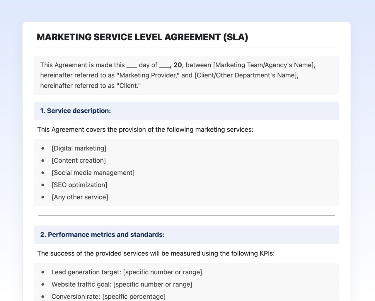 Marketing Service Level Agreement Template