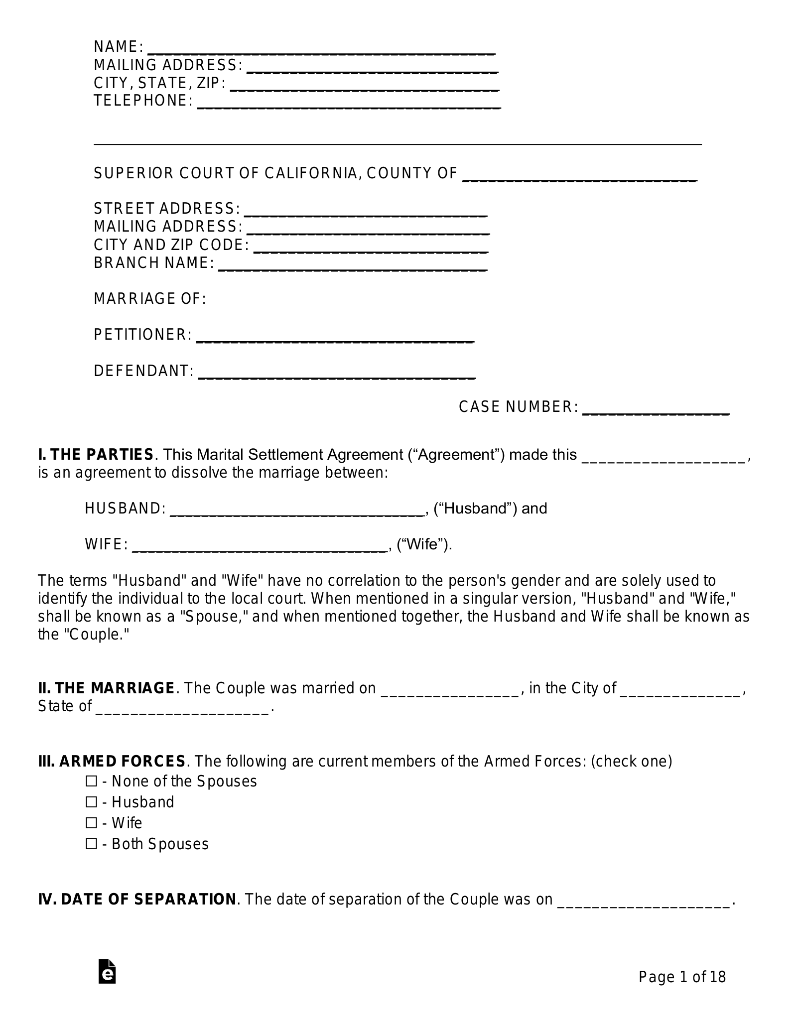 Marriage Settlement Agreement Template California