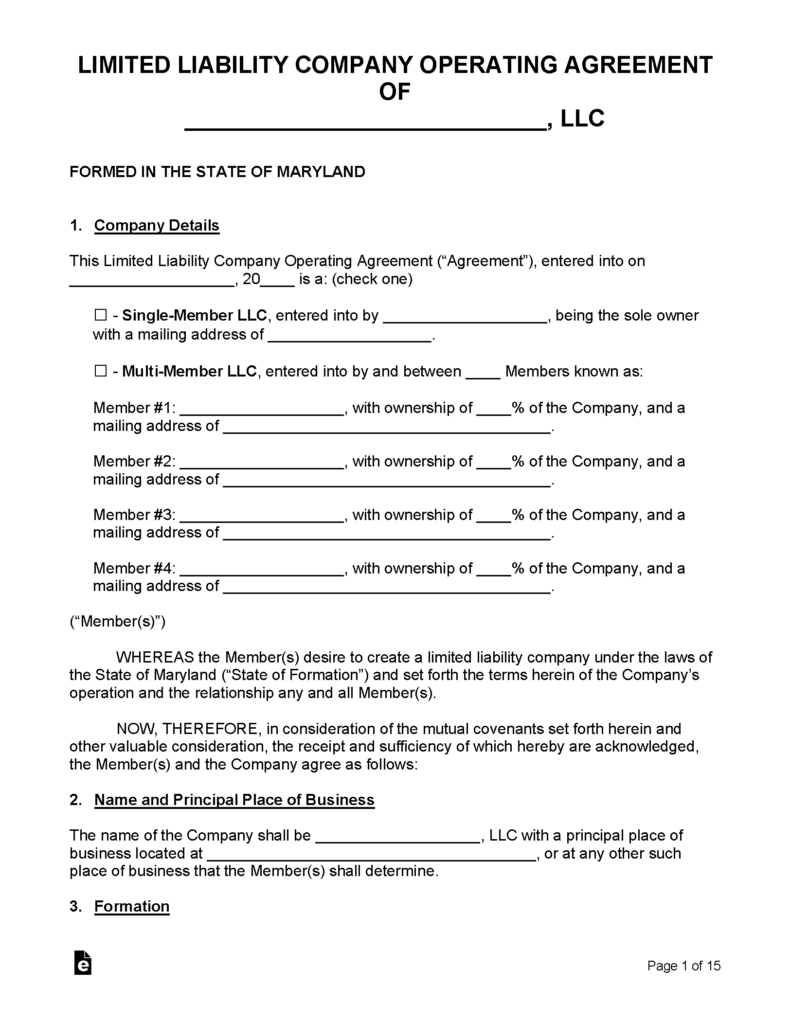 Maryland LLC Operating Agreement Template