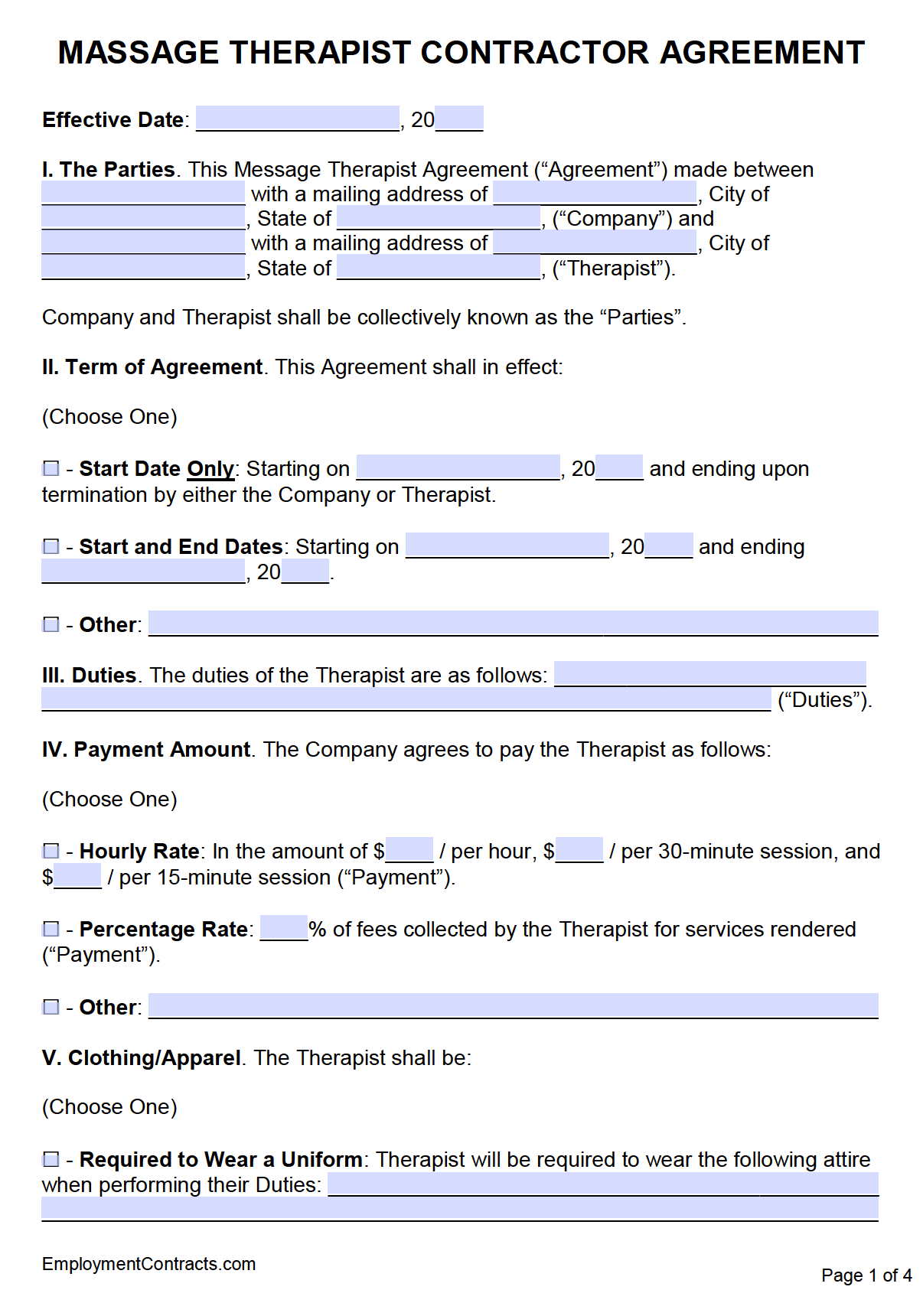 Massage Therapist Independent Contractor Agreement Template