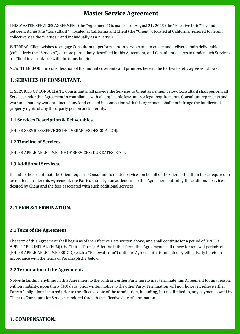 Master Service Agreement Template Consulting