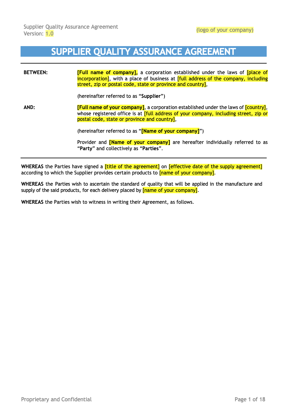 Medical Device Supplier Quality Agreement Template