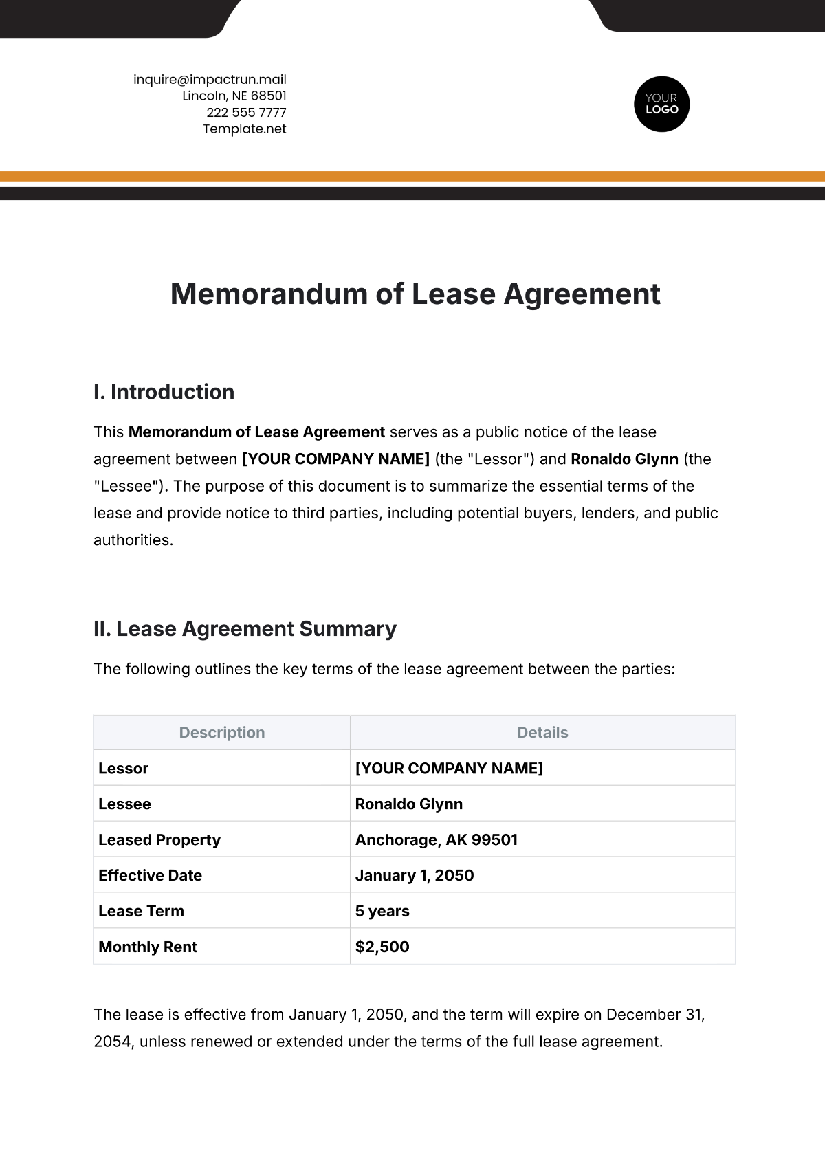 Memorandum Of Lease Agreement Template
