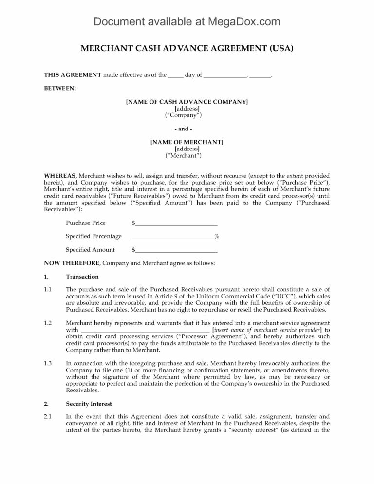 Merchant Cash Advance Agreement Template
